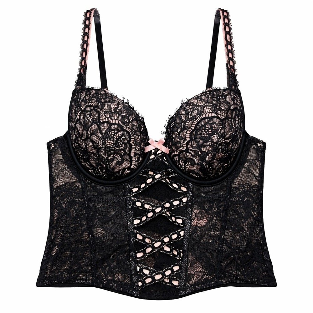 Victorias Secret Dream Angels‎ Lace Corset Bustier Bra Black Pink Longline M NWT